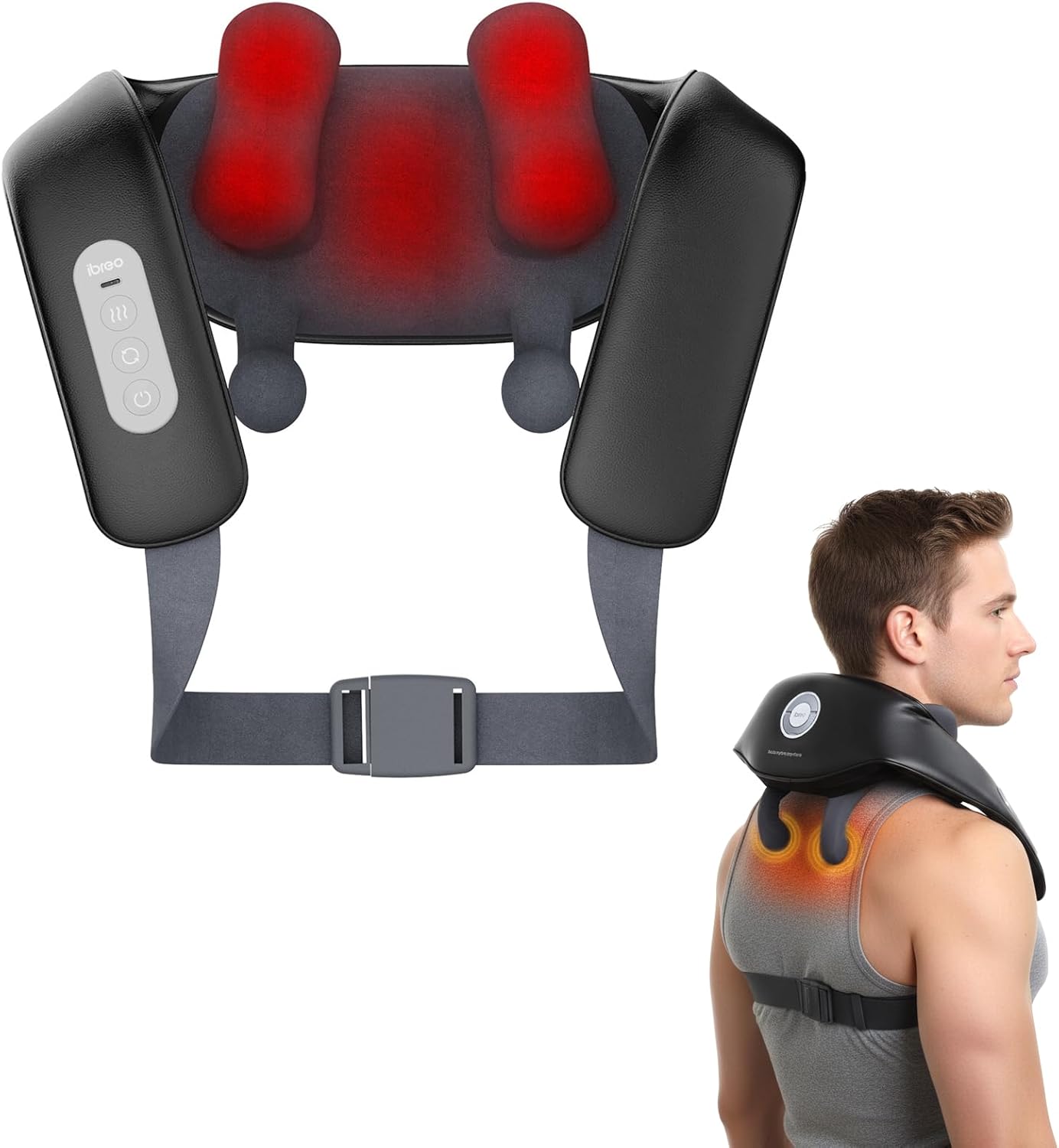Electric Neck and Back Massage Device with Heat and Adjustable Kneading Modes