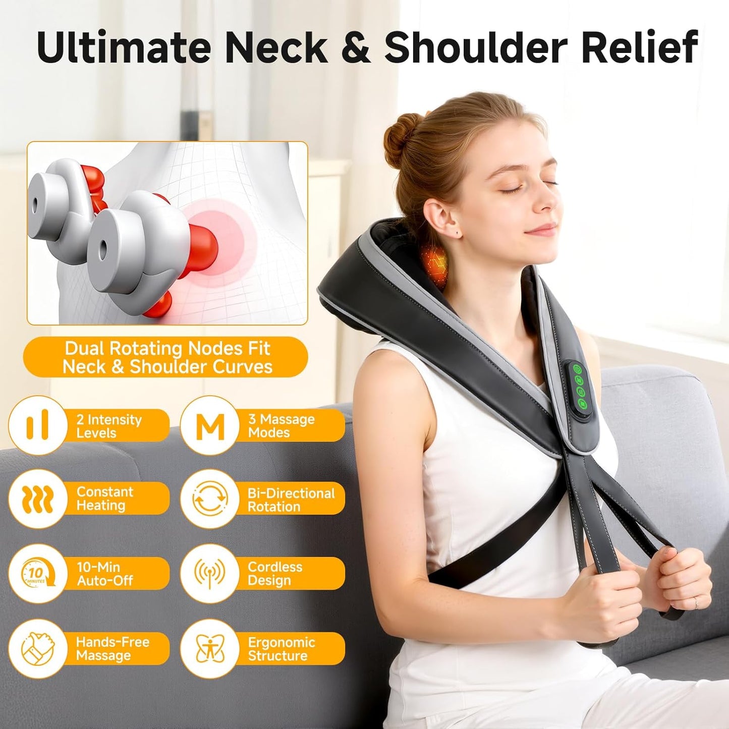 Cordless Neck and Shoulder Massager with 6D Kneading and Gentle Heat Support