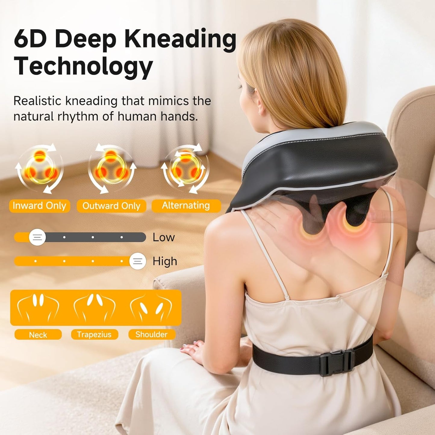 Cordless Neck and Shoulder Massager with 6D Kneading and Gentle Heat Support
